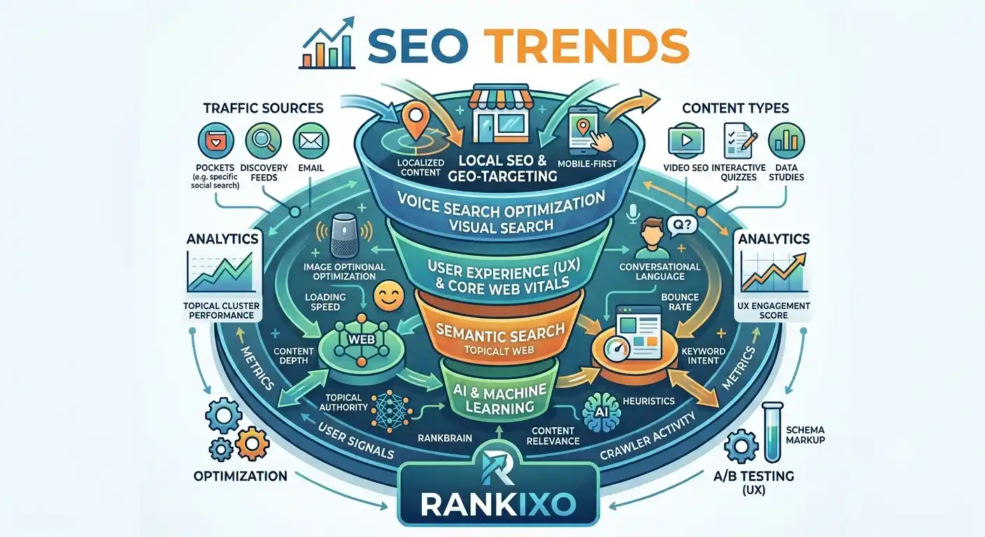 SEO trends 2026 illustration showing search engine optimization strategy and AI search growth